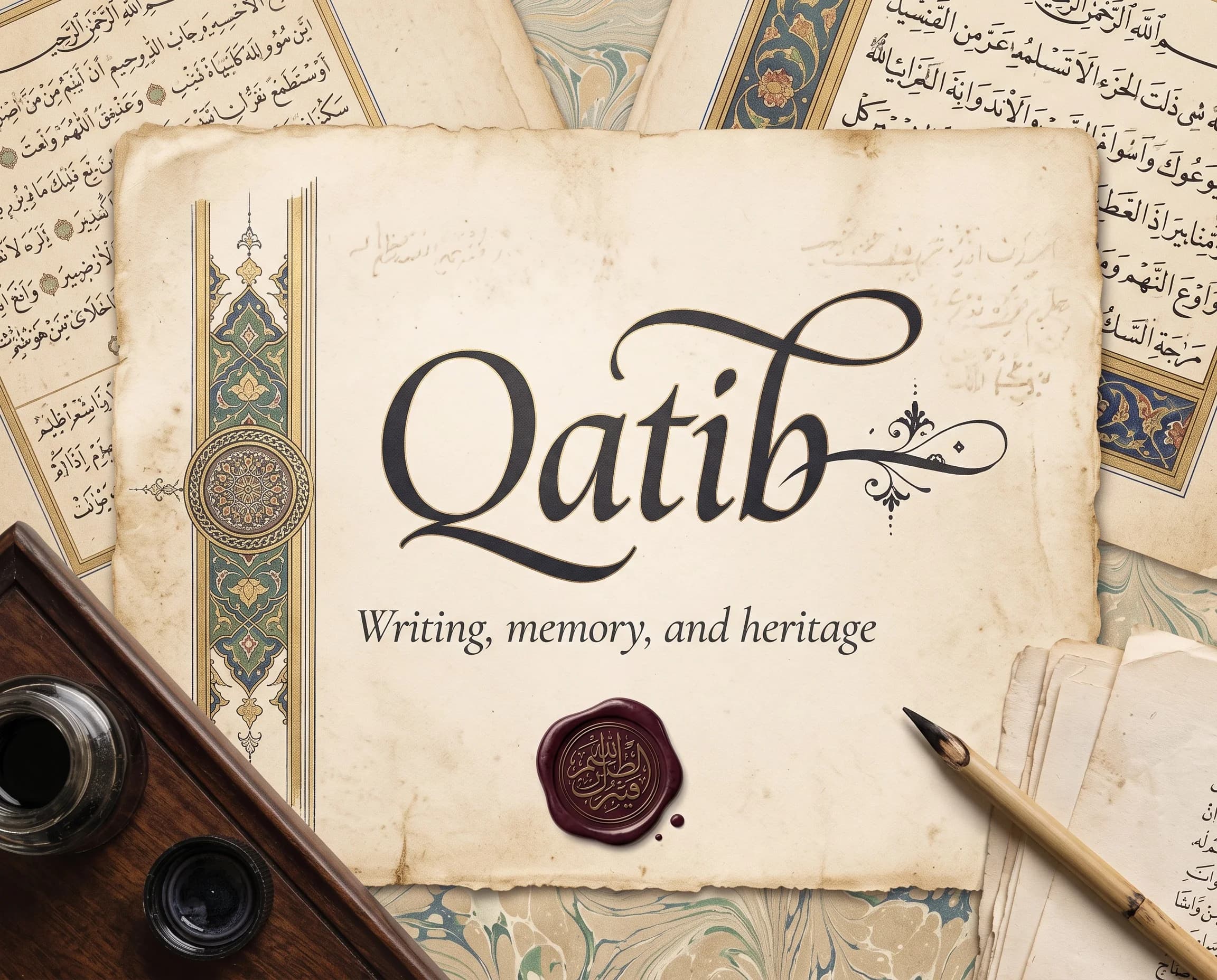 Qatib presentation surrounded by Ottoman manuscripts, ink, and calligraphy tools